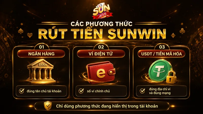 Các phương thức rút tiền Sunwin ngân hàng ví điện tử và USDT