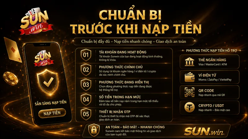 Giao diện nạp tiền Sunwin với các phương thức thanh toán đang hiển thị