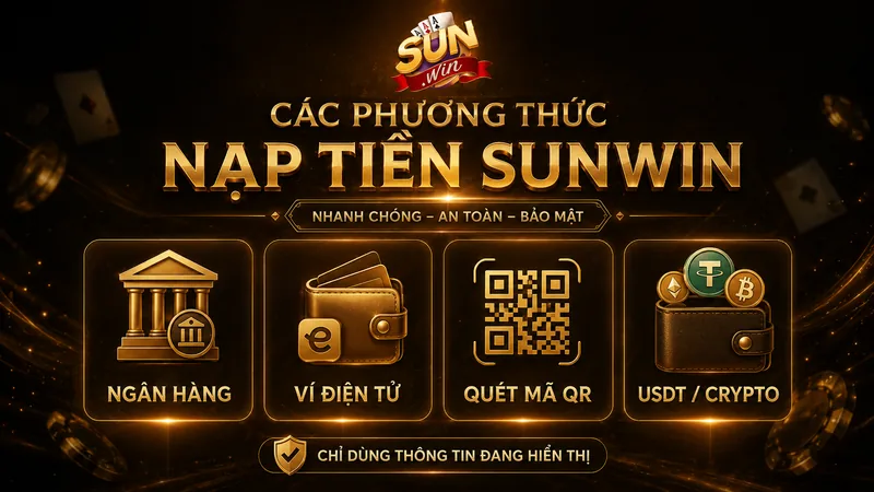 Các phương thức nạp tiền Sunwin gồm ngân hàng, ví điện tử và USDT