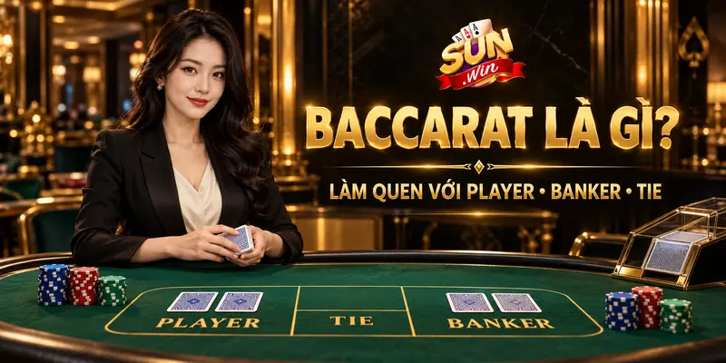 Dealer tại bàn Baccarat với ba cửa Player, Banker và Tie.