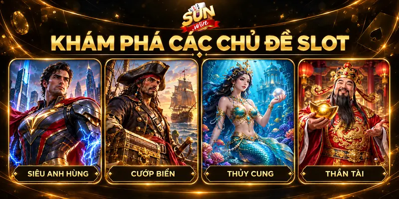 Các chủ đề siêu anh hùng, cướp biển, thủy cung và Thần Tài trong game slot.