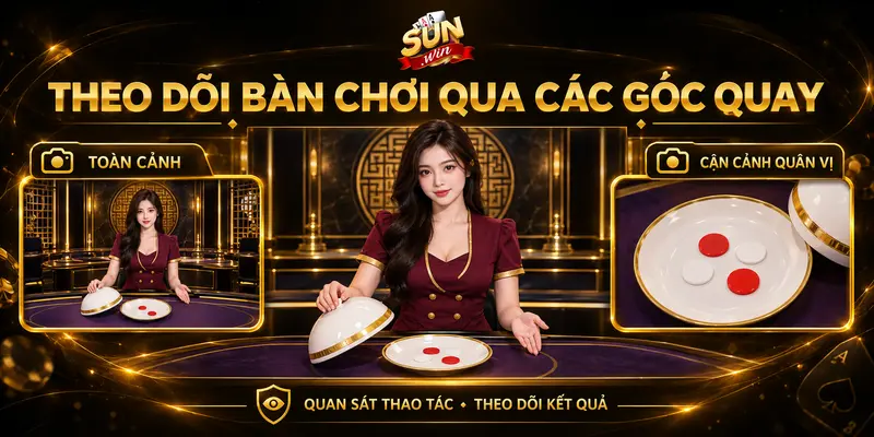 Góc quay toàn cảnh bàn chơi và cận cảnh quân vị xóc đĩa livestream.