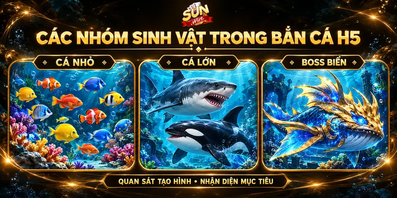 Cá nhỏ, cá mập trắng, cá voi sát thủ và Boss biển trong bắn cá H5.