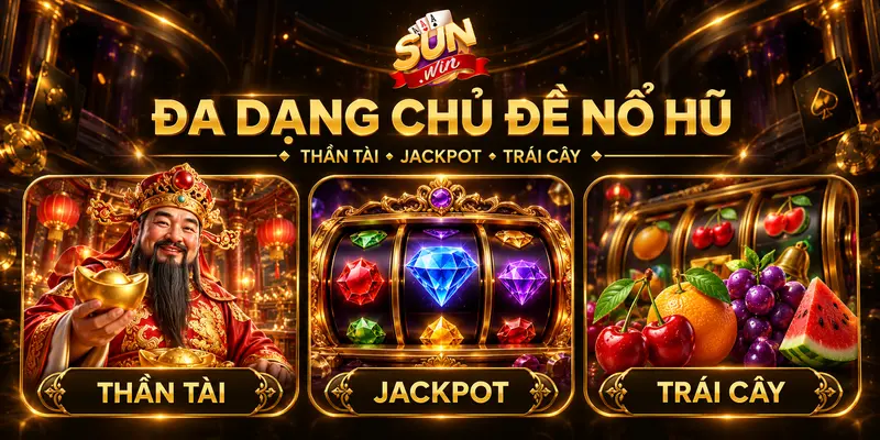 Ba chủ đề nổ hũ Thần Tài, Jackpot và Trái Cây.