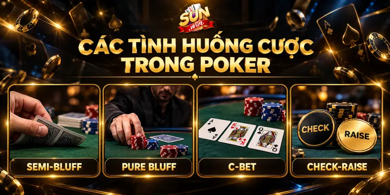 Các tình huống Semi-bluff, Pure bluff, C-bet và Check-raise trong poker.