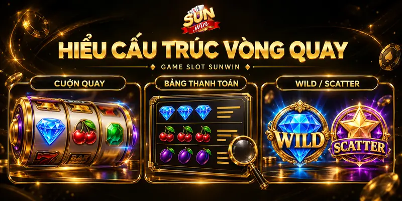Cuộn quay, bảng thanh toán và biểu tượng Wild, Scatter trong game slot.