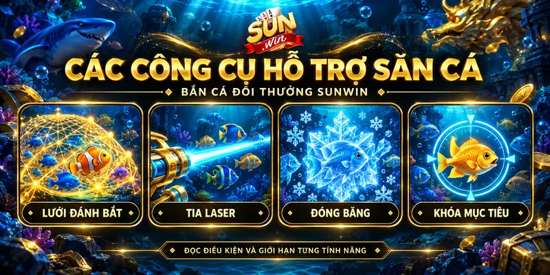 Lưới đánh bắt, tia laser, đóng băng và khóa mục tiêu trong bắn cá đổi thưởng.
