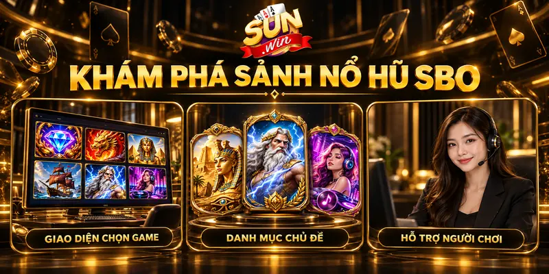 Giao diện chọn trò chơi, danh mục chủ đề và dịch vụ hỗ trợ tại sảnh SBO.