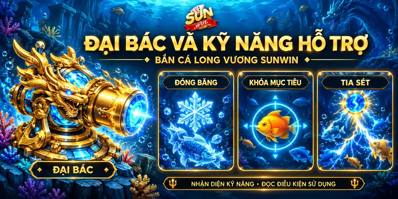 Đại bác cùng các kỹ năng đóng băng, khóa mục tiêu và tia sét trong bắn cá Long Vương.
