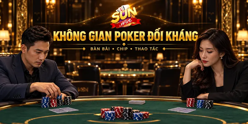 Hai người chơi tại bàn poker trong không gian đen–vàng.