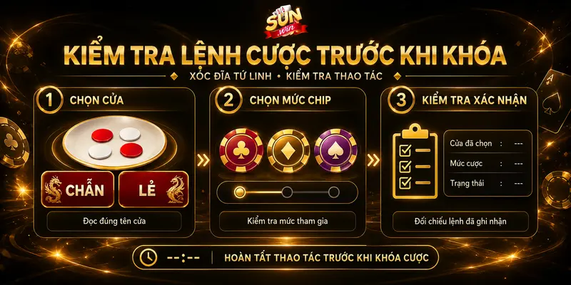 Các bước chọn cửa, chọn mức chip và kiểm tra lệnh cược xóc đĩa Tứ Linh.