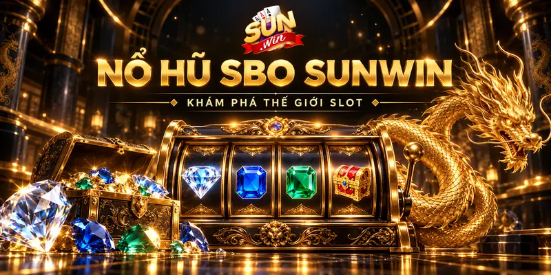 Máy slot, kim cương và rồng vàng trong không gian nổ hũ SBO Sunwin.