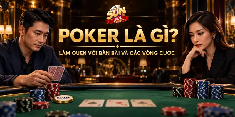 Hai người chơi tại bàn poker với bài chung và các chồng chip.