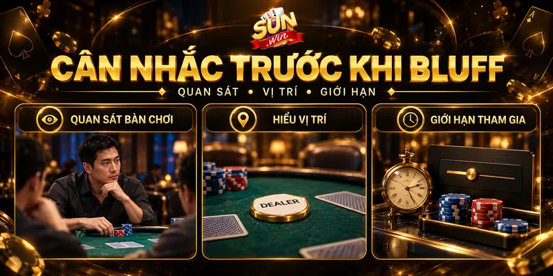 Quan sát bàn poker, nhận biết vị trí và kiểm soát mức tham gia khi bluff.