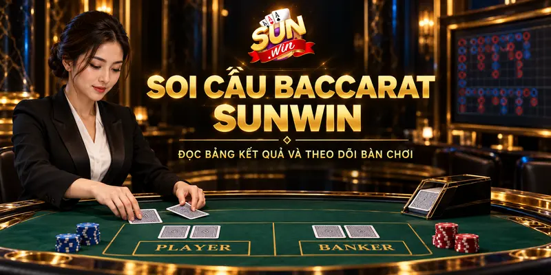 Dealer tại bàn Baccarat với hai cửa Player, Banker và bảng lịch sử kết quả.
